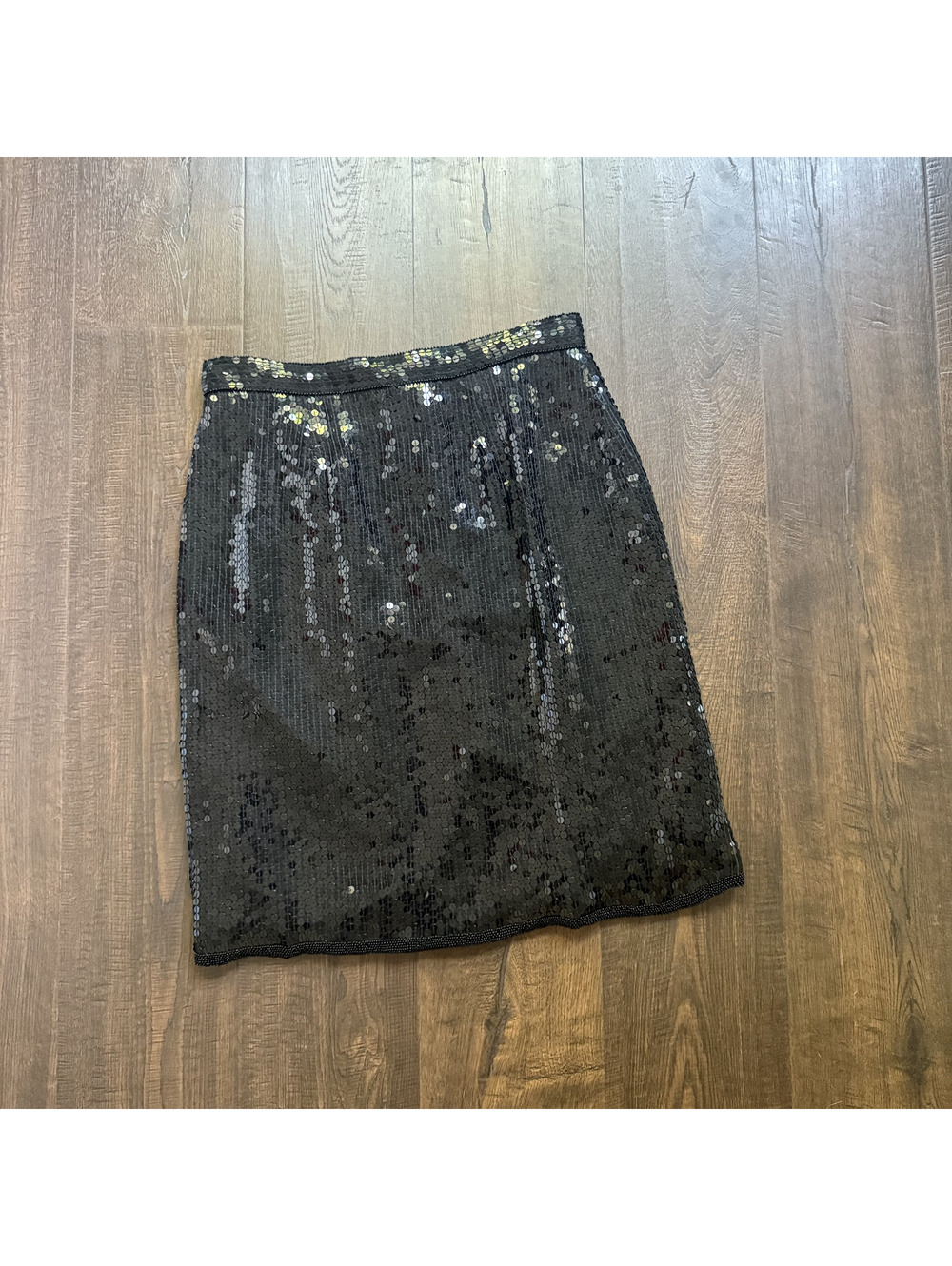 Vintage 80s Black Silk Sequin Skirt Sz M 28 Bead Hem Party Formal Miami